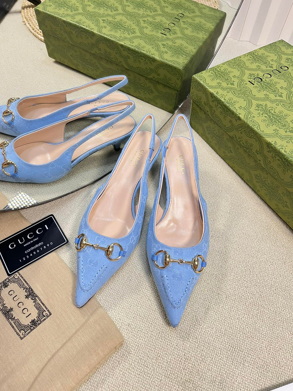 GC Horsebit Slingback Pump 50mm Blue Canvas Sheepskin 294546