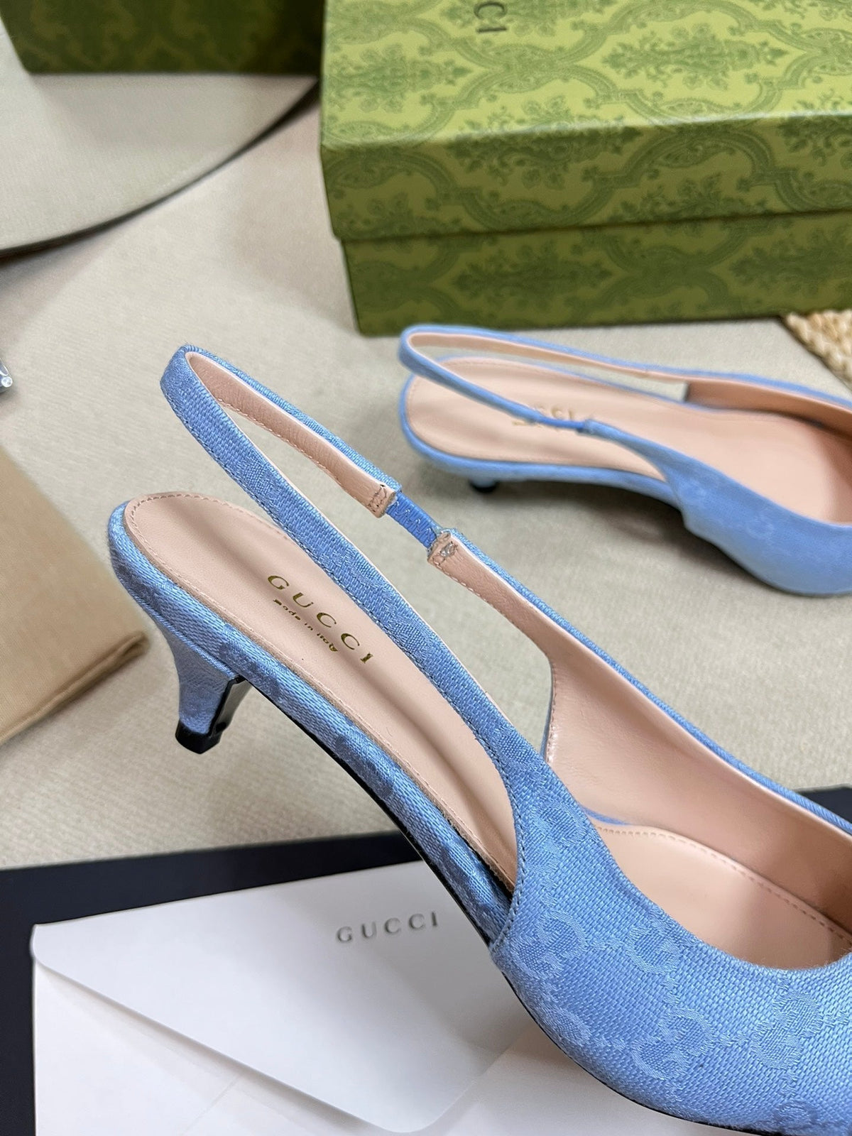 GC Horsebit Slingback Pump 50mm Blue Canvas Sheepskin 294546