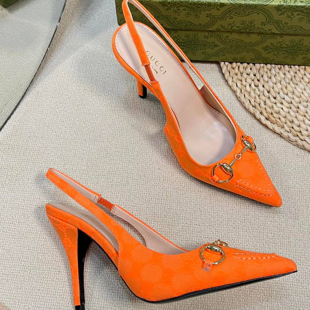 GC Horsebit Slingback Pump 100mm Orange Canvas Sheepskin 294548