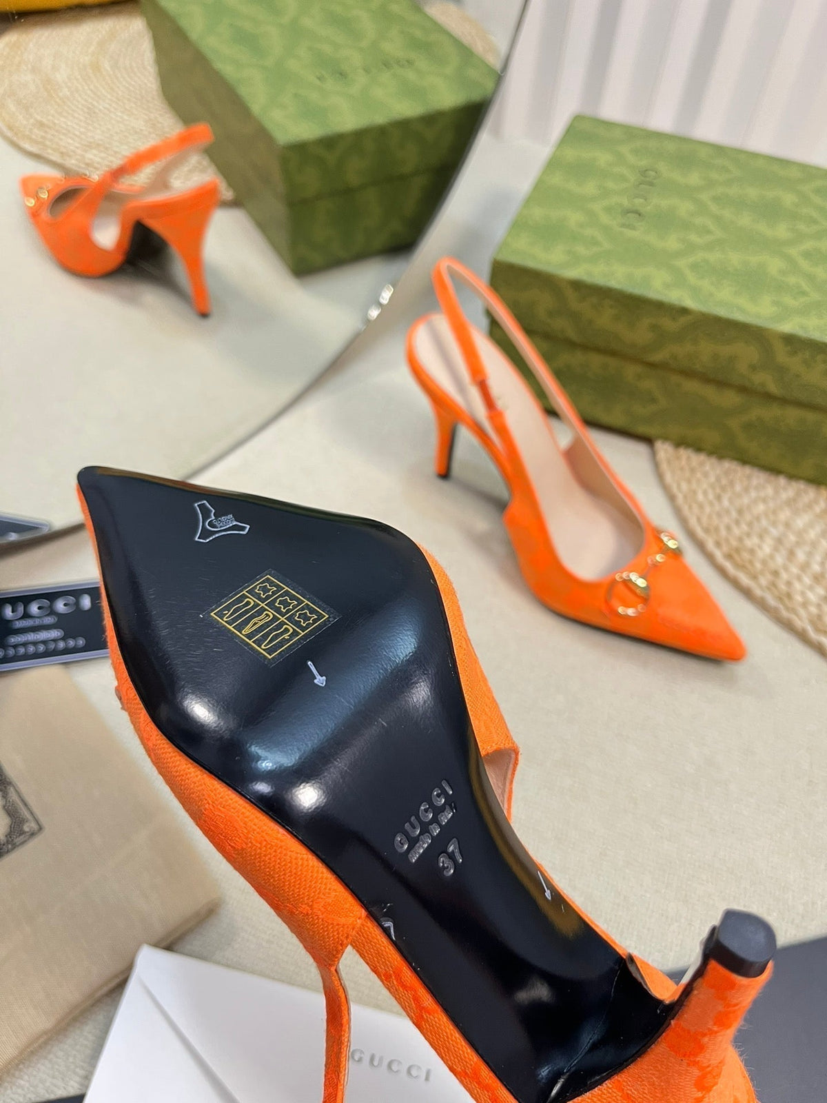 GC Horsebit Slingback Pump 100mm Orange Canvas Sheepskin 294548