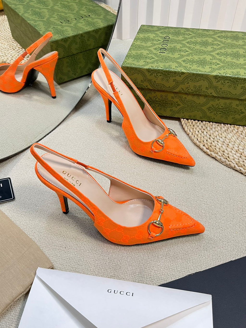 GC Horsebit Slingback Pump 100mm Orange Canvas Sheepskin 294548