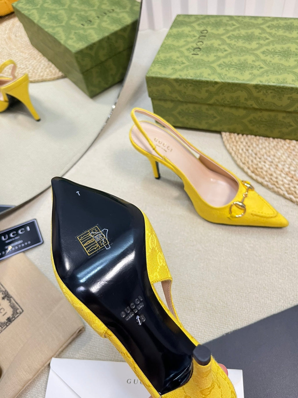 GC Horsebit Slingback Pump 100mm Yellow Canvas Sheepskin 294549