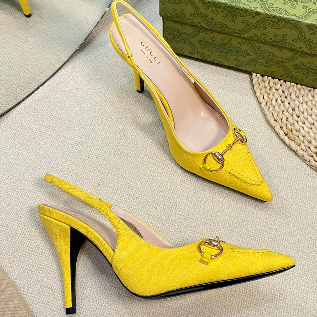 GC Horsebit Slingback Pump 100mm Yellow Canvas Sheepskin 294549