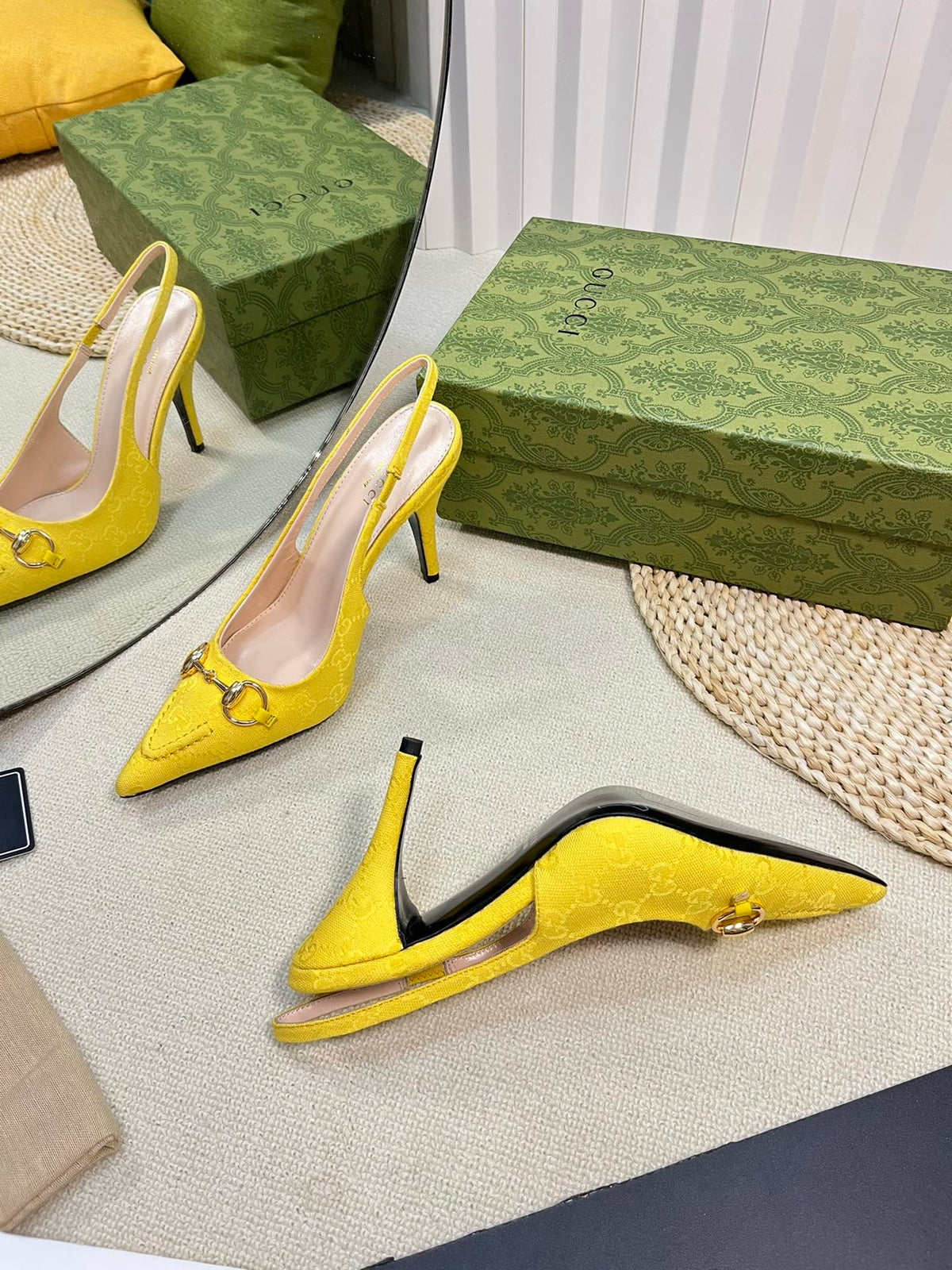GC Horsebit Slingback Pump 100mm Yellow Canvas Sheepskin 294549