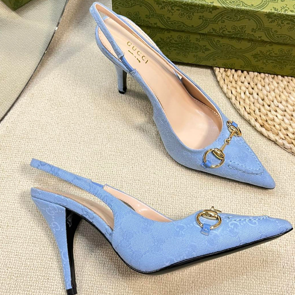 GC Horsebit Slingback Pump 100mm Blue Canvas Sheepskin 294550