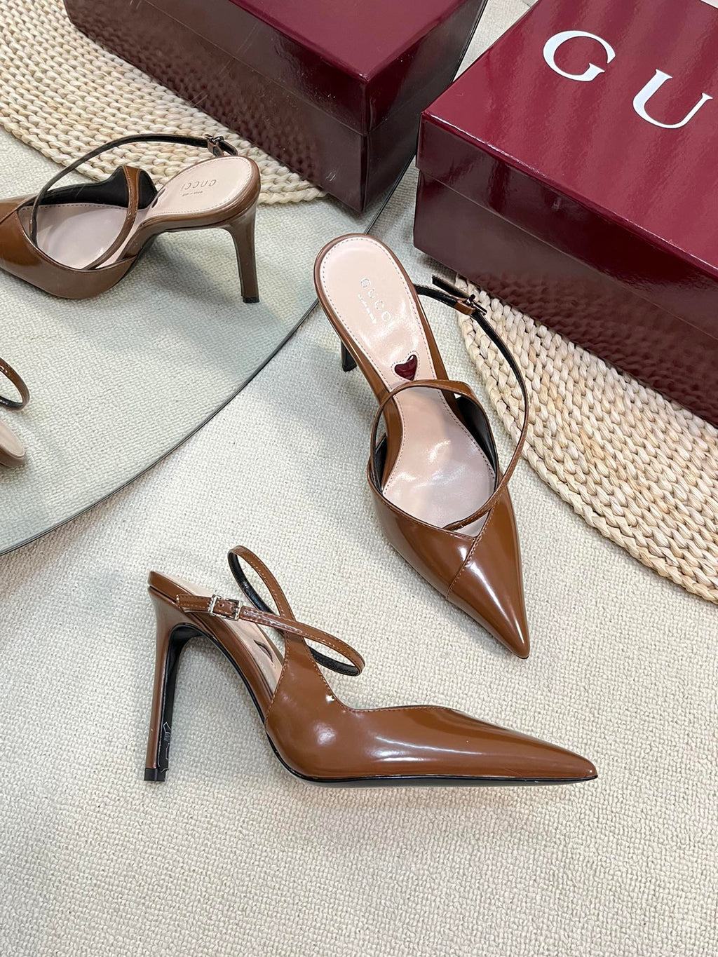 HIGH SLINGBACK PUMP 10 CM IN BRONZE BROWN GLOSSY CALFSKIN
