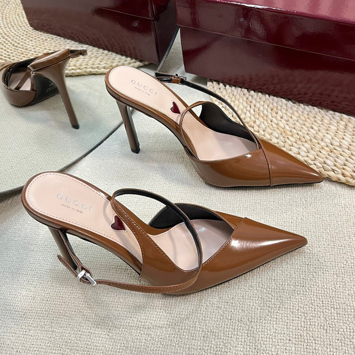 HIGH SLINGBACK PUMP 10 CM IN BRONZE BROWN GLOSSY CALFSKIN