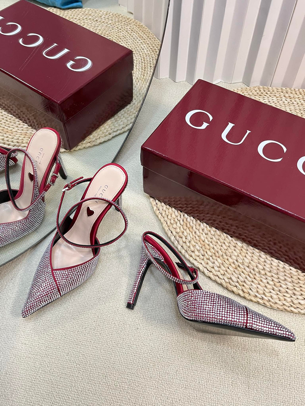 HIGH SLINGBACK 10 CM IN CHERRY RED SILK WITH FULL RHINSTONES
