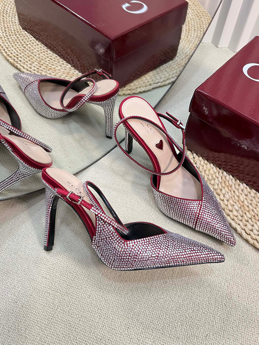 HIGH SLINGBACK 10 CM IN CHERRY RED SILK WITH FULL RHINSTONES