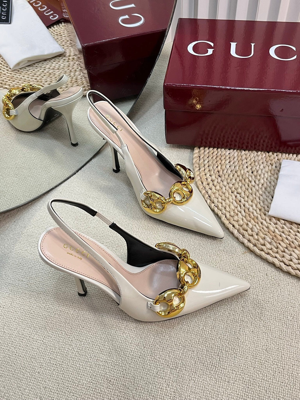 GC Slingbacks With Marina Chain 100mm White Patent Leather 294586