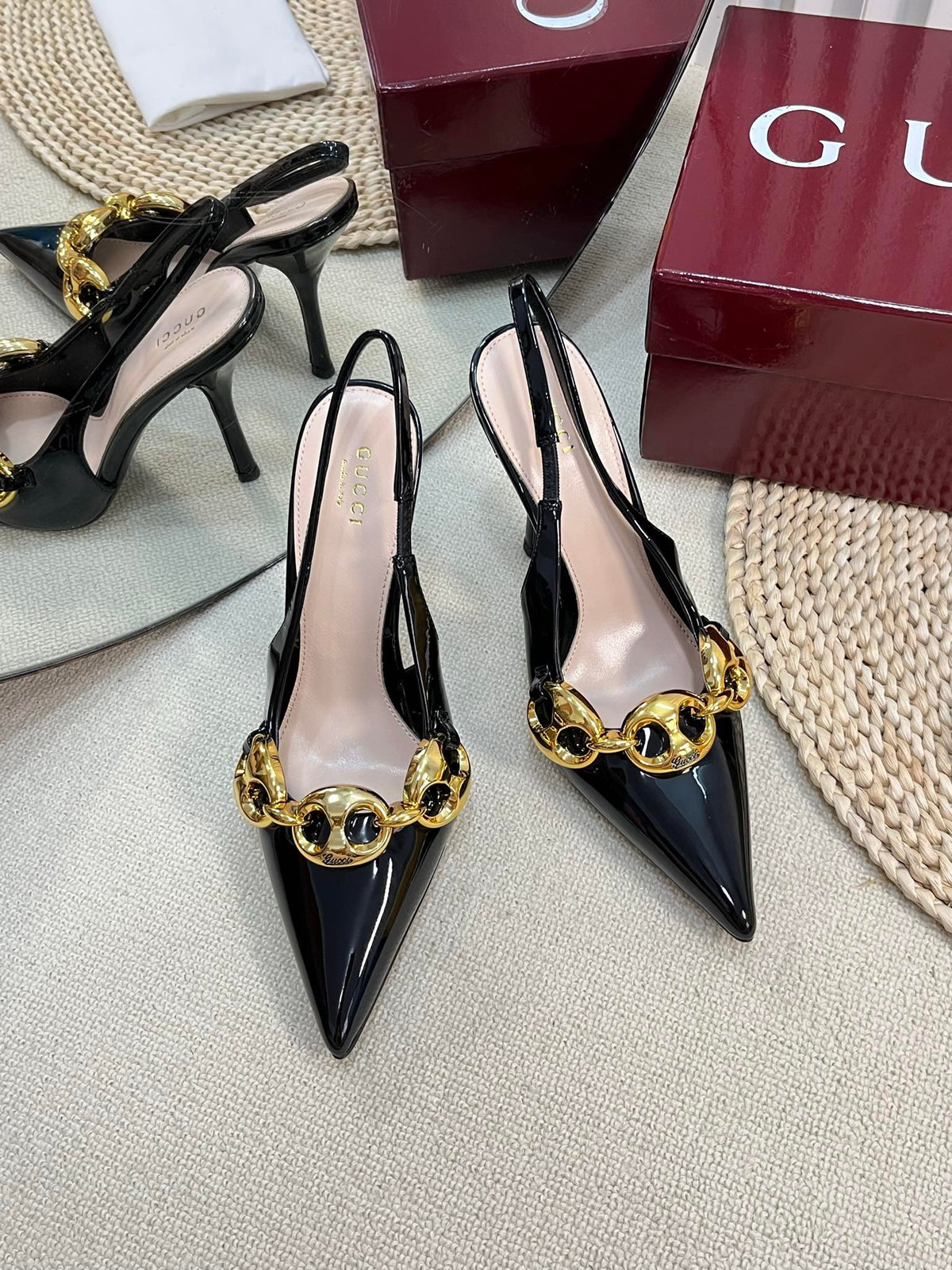 GC Slingbacks With Marina Chain 100mm Black Patent Leather 294587