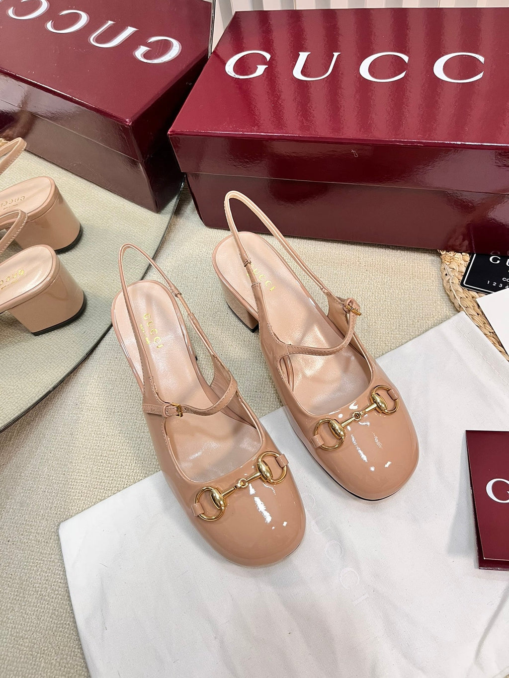 GC Horsebit Slingback 60mm Rose Beige Patent Leather 294588