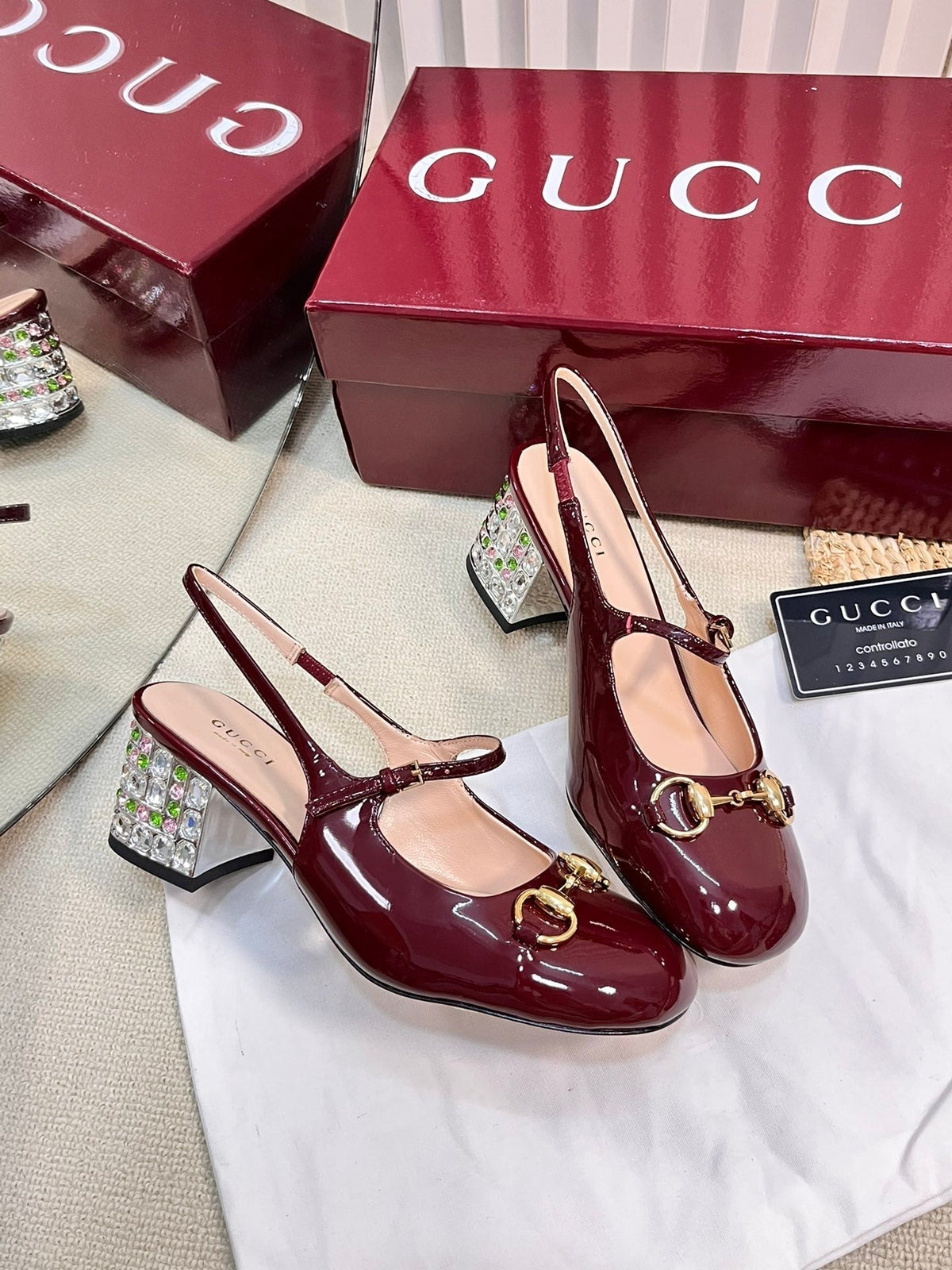 GC Horsebit Slingback with Crystal 60mm Rosso Ancora red Patent Leather 294600