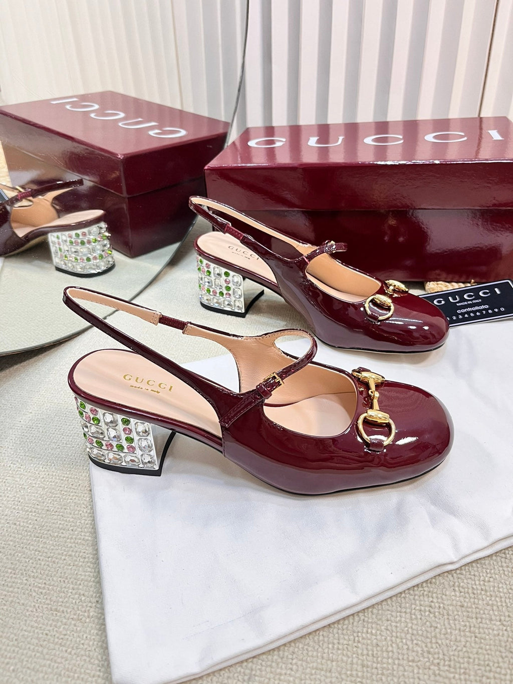 GC Horsebit Slingback with Crystal 60mm Rosso Ancora red Patent Leather 294600