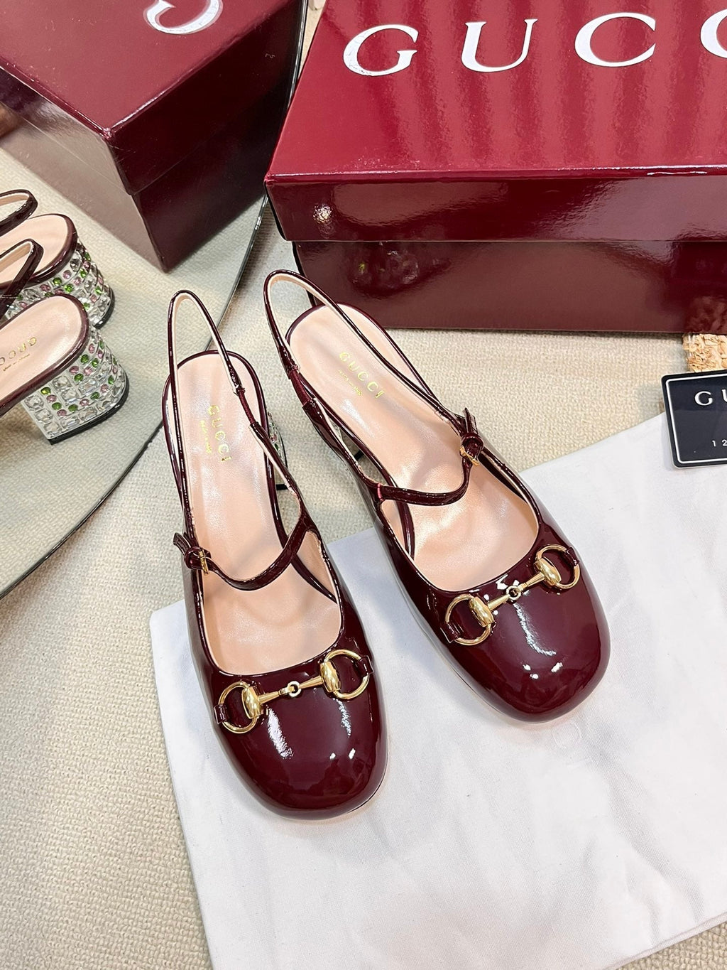 GC Horsebit Slingback with Crystal 60mm Rosso Ancora red Patent Leather 294600