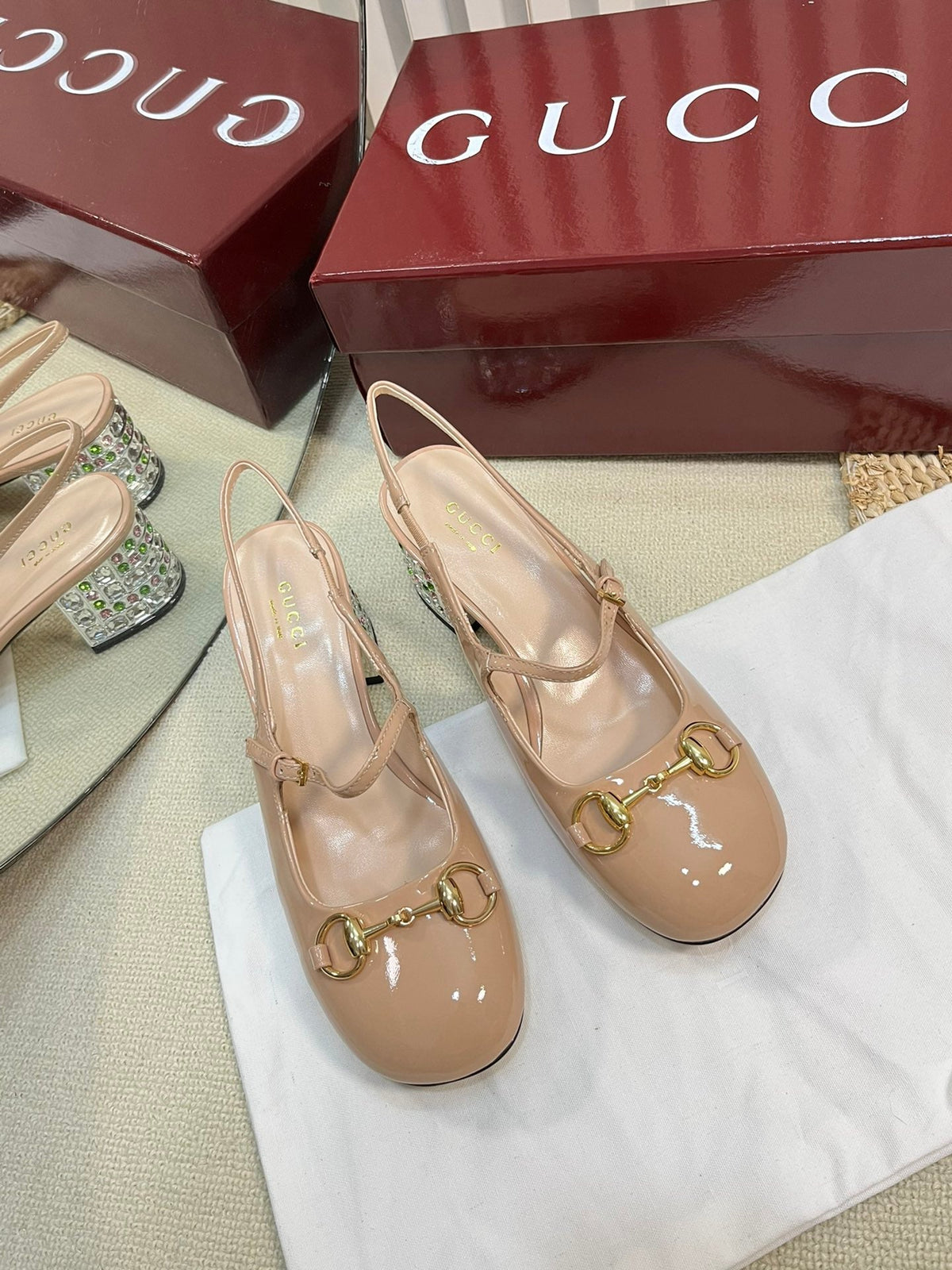 GC Horsebit Slingback with Crystal 65mm Rose Beige Patent Leather 294601