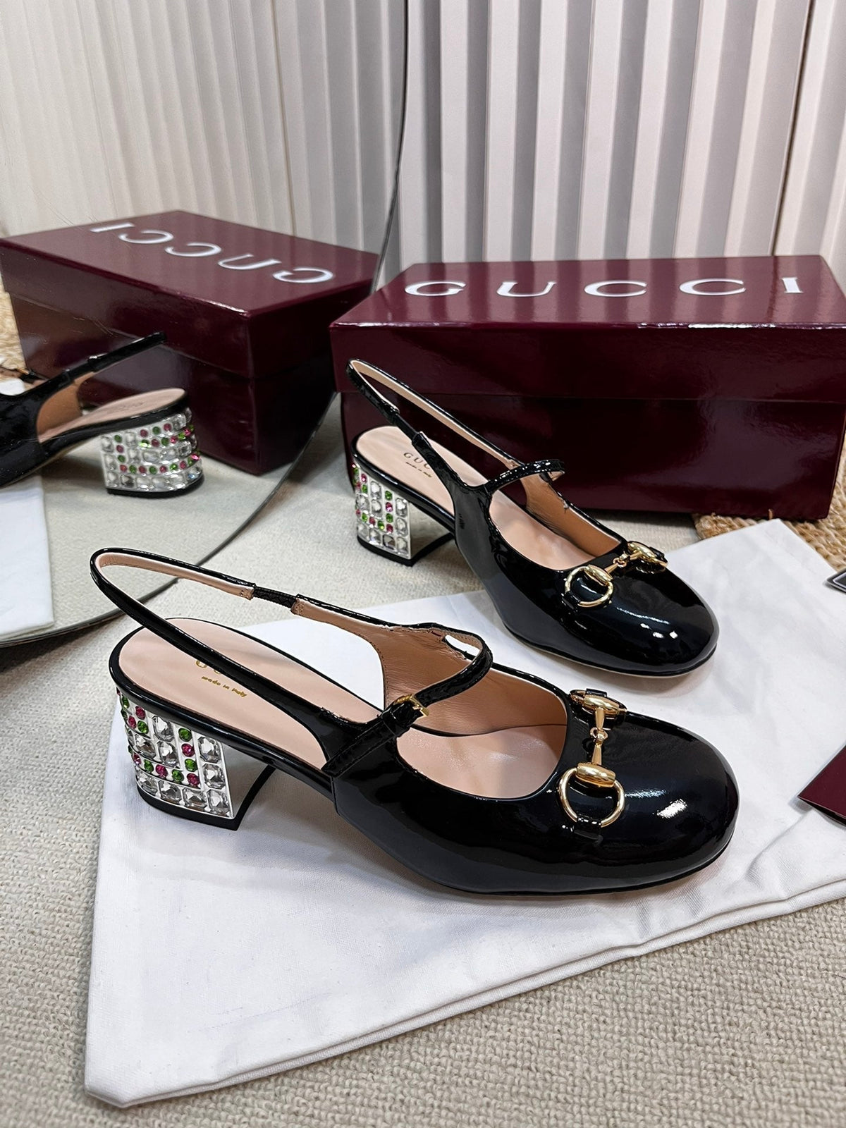 GC Horsebit Slingback with Crystal 60mm Black Patent Leather 294602