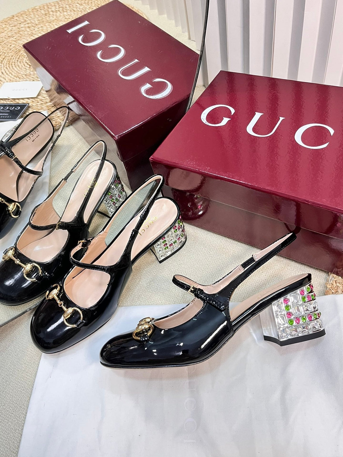 GC Horsebit Slingback with Crystal 60mm Black Patent Leather 294602