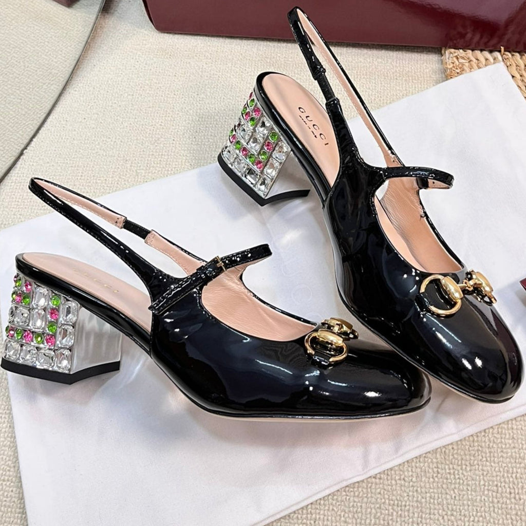 GC Horsebit Slingback with Crystal 60mm Black Patent Leather 294602