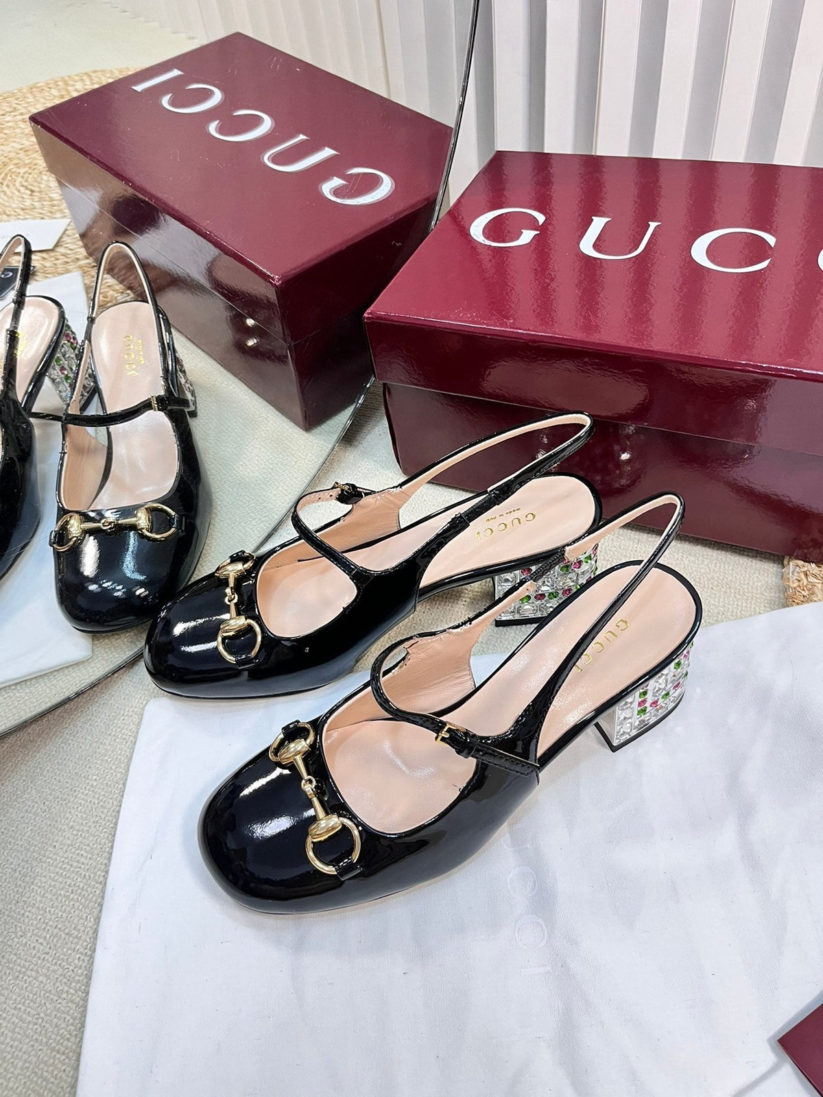 GC Horsebit Slingback with Crystal 60mm Black Patent Leather 294602