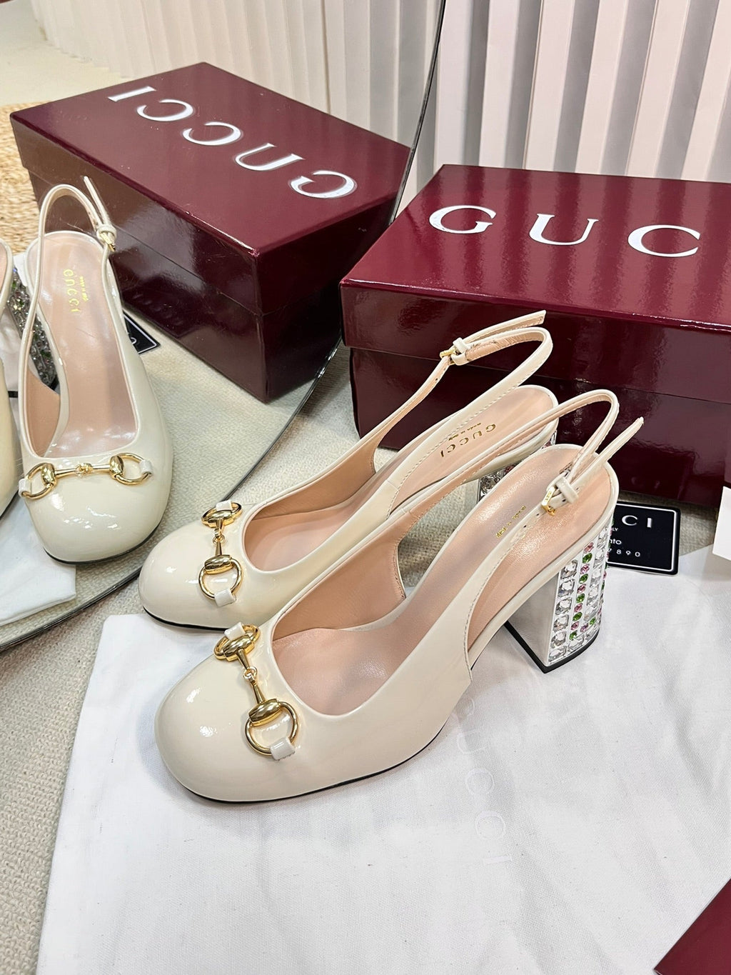 GC Horsebit Slingback with Crystal 95mm Ivory Patent Leather 294595