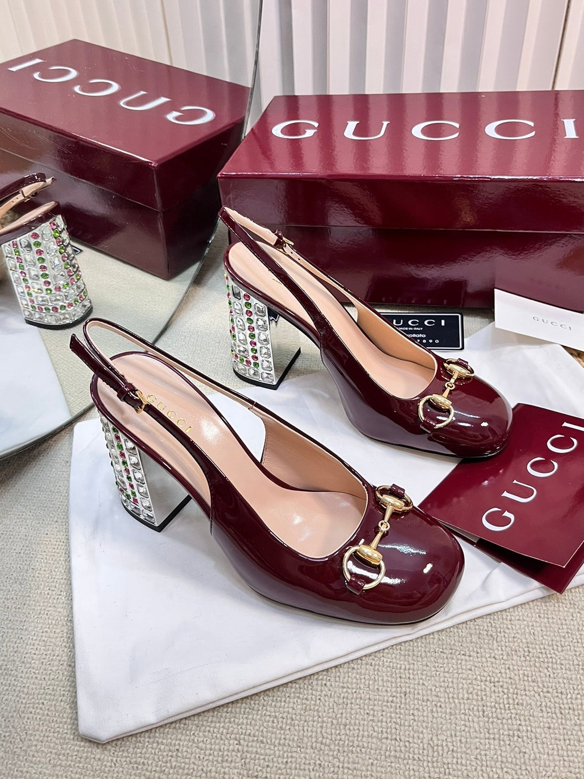 GC Horsebit Slingback with Crystal 95mm Rosso Ancora red Patent Leather 294596