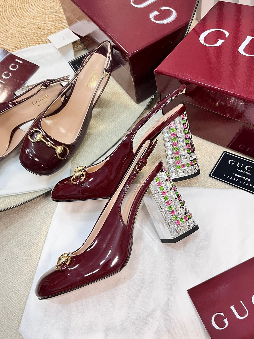 GC Horsebit Slingback with Crystal 95mm Rosso Ancora red Patent Leather 294596