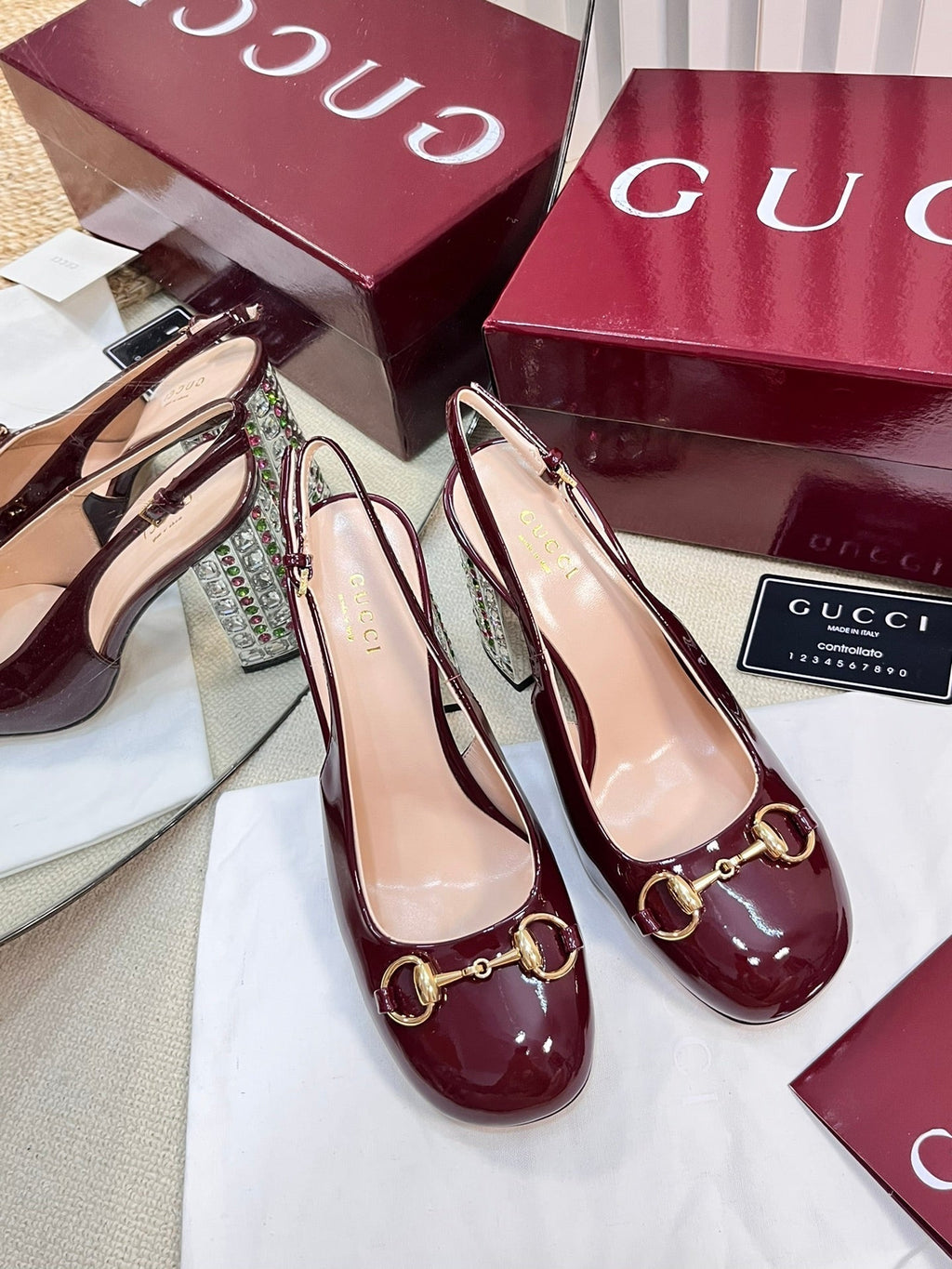 GC Horsebit Slingback with Crystal 95mm Rosso Ancora red Patent Leather 294596