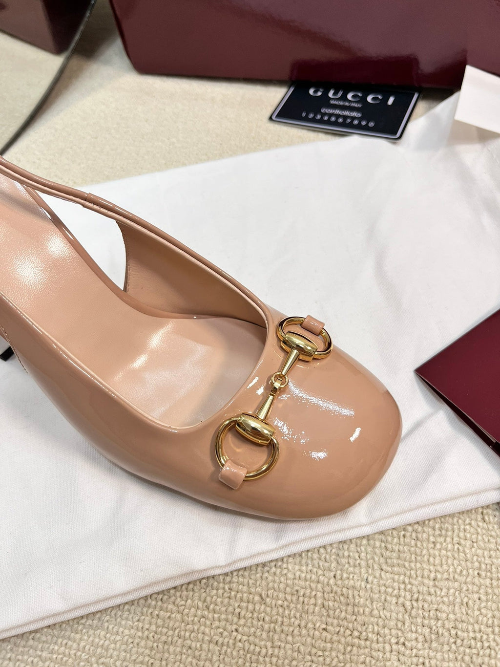 GC Horsebit Slingback with Crystal 95mm Rose Beige Patent Leather 294597
