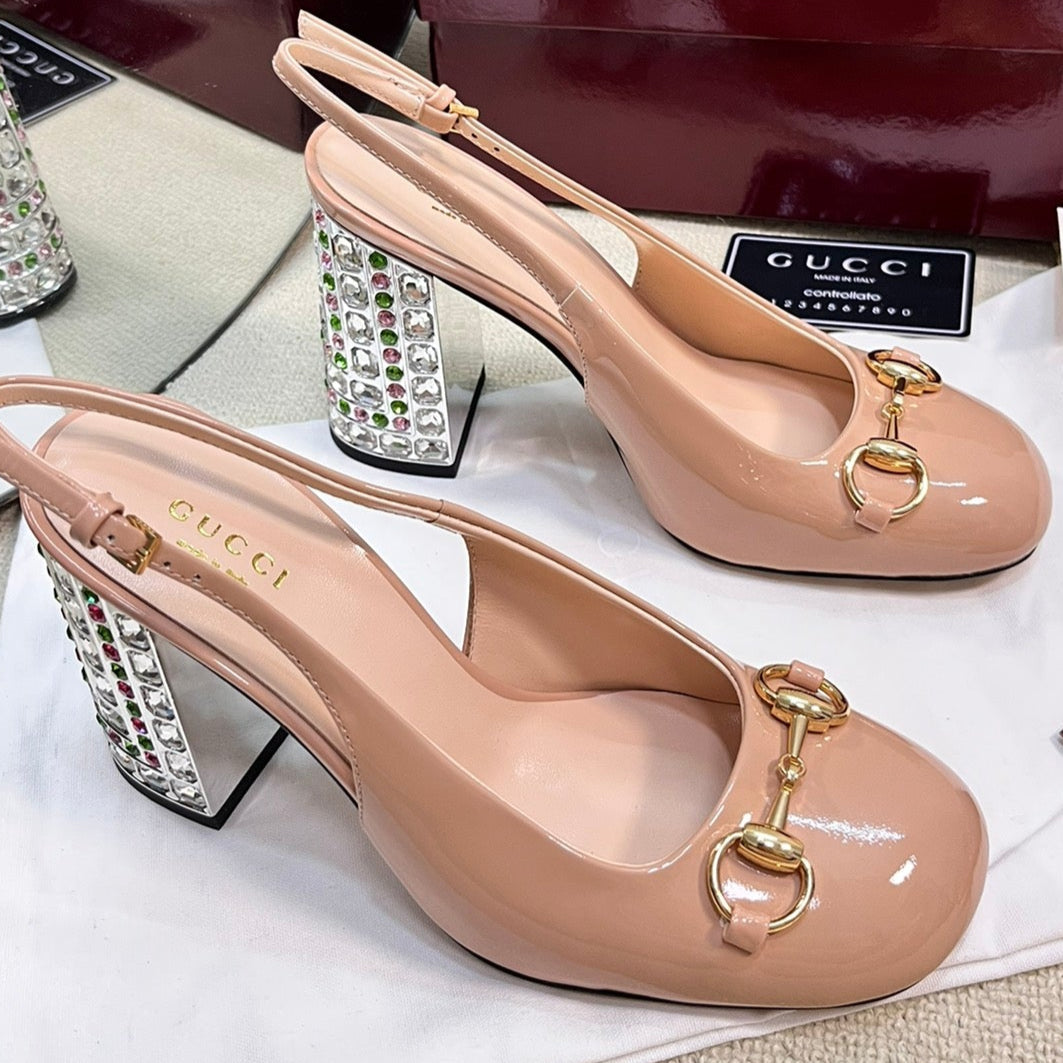 GC Horsebit Slingback with Crystal 95mm Rose Beige Patent Leather 294597