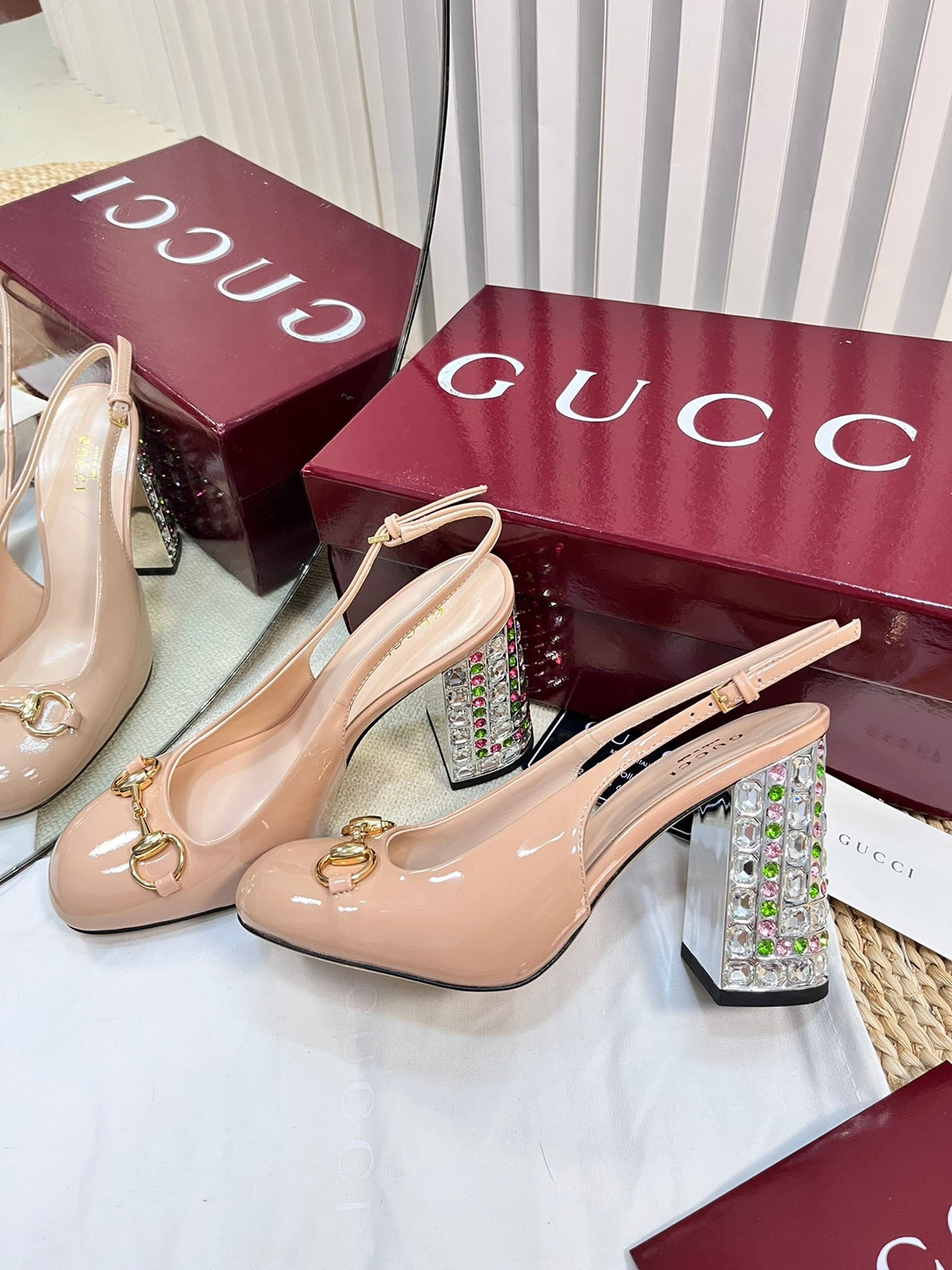 GC Horsebit Slingback with Crystal 95mm Rose Beige Patent Leather 294597