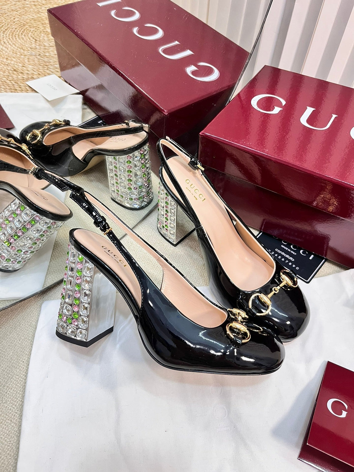 GC Horsebit Slingback with Crystal 95mm Black Patent Leather 294598