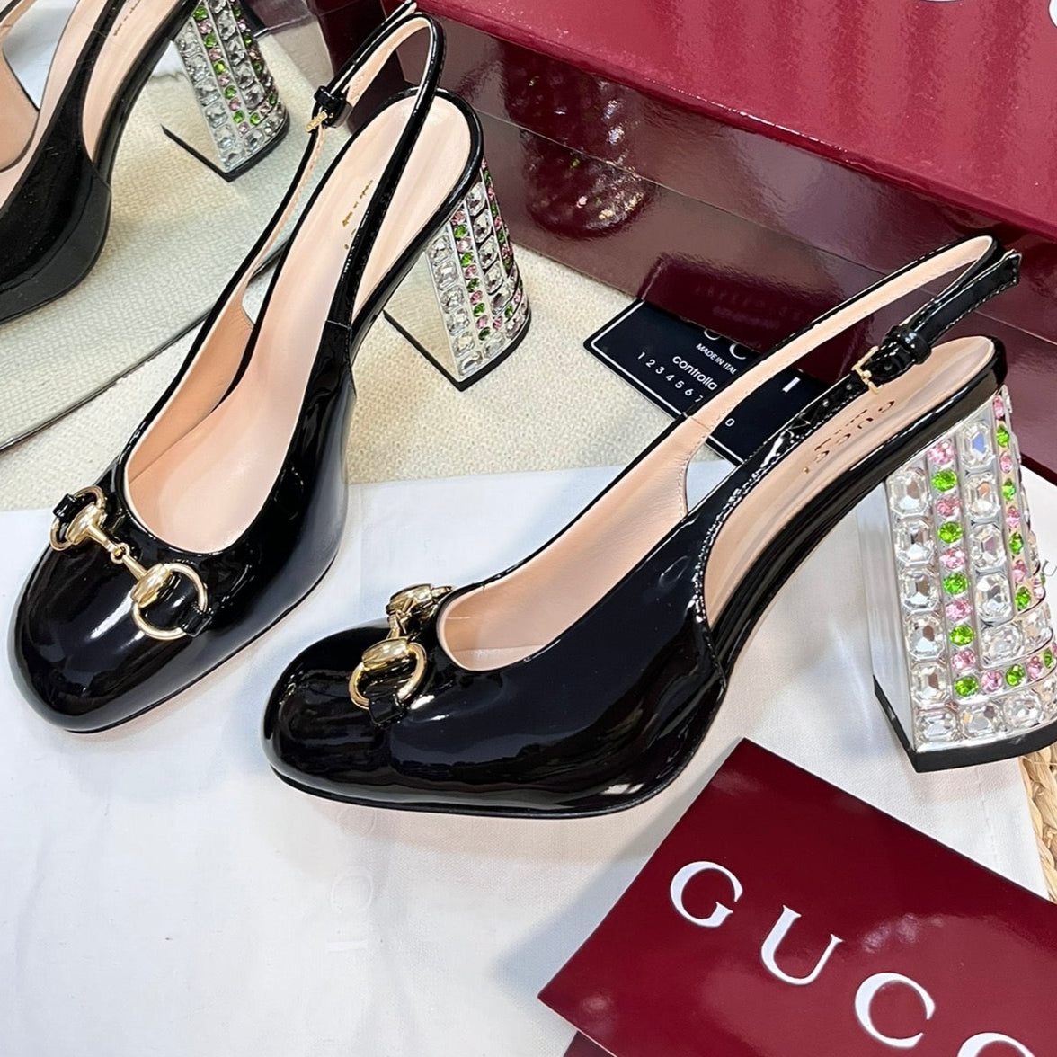 GC Horsebit Slingback with Crystal 95mm Black Patent Leather 294598