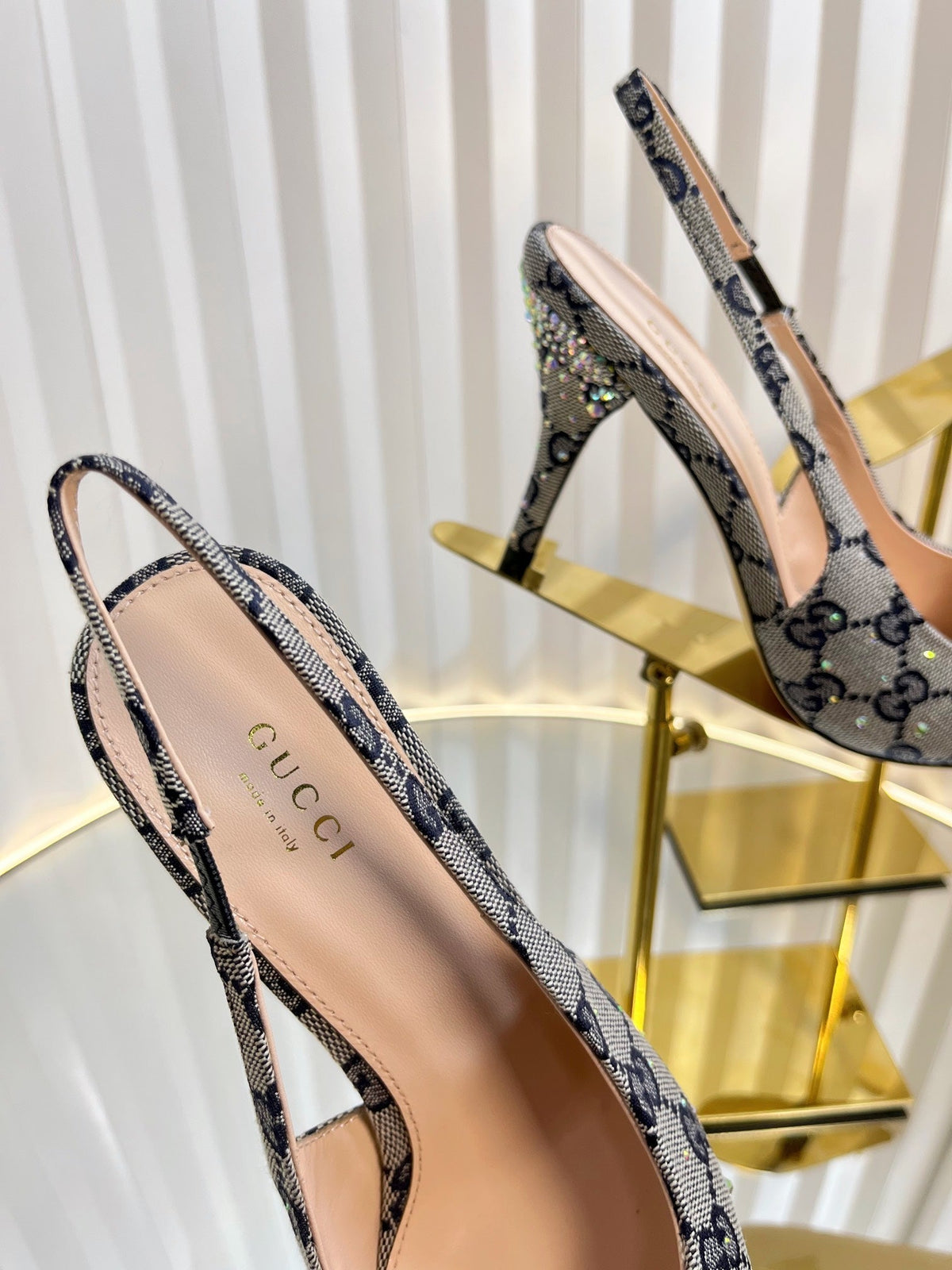 GC Crystal Horsebit Slingback 100mm Beige mix Blue Canvas lambskin 294619
