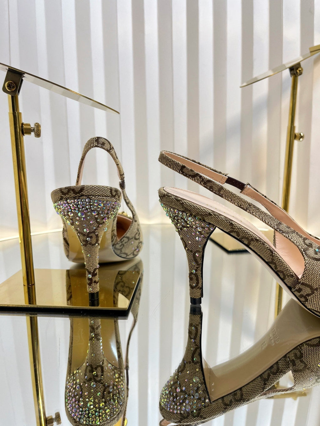 GC Crystal Horsebit Slingback 100mm Beige mix Ebony Canvas lambskin 294620