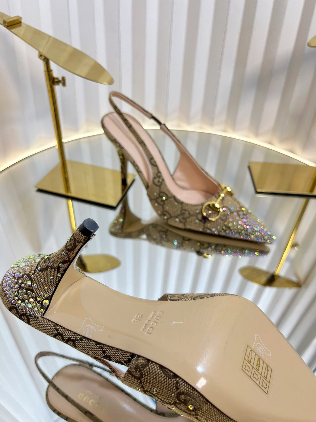 GC Crystal Horsebit Slingback 100mm Beige mix Ebony Canvas lambskin 294620