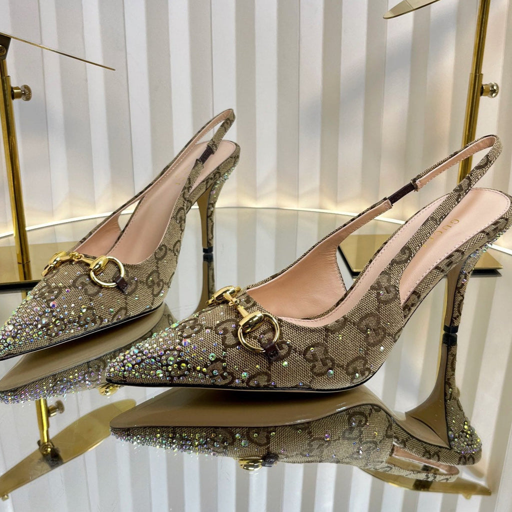 GC Crystal Horsebit Slingback 100mm Beige mix Ebony Canvas lambskin 294620