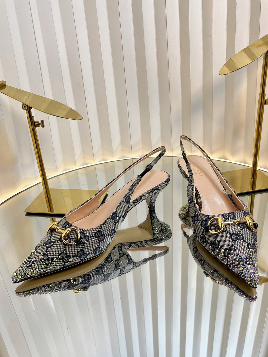 GC Crystal Horsebit Slingback 50mm Beige mix Blue Canvas lambskin 294616