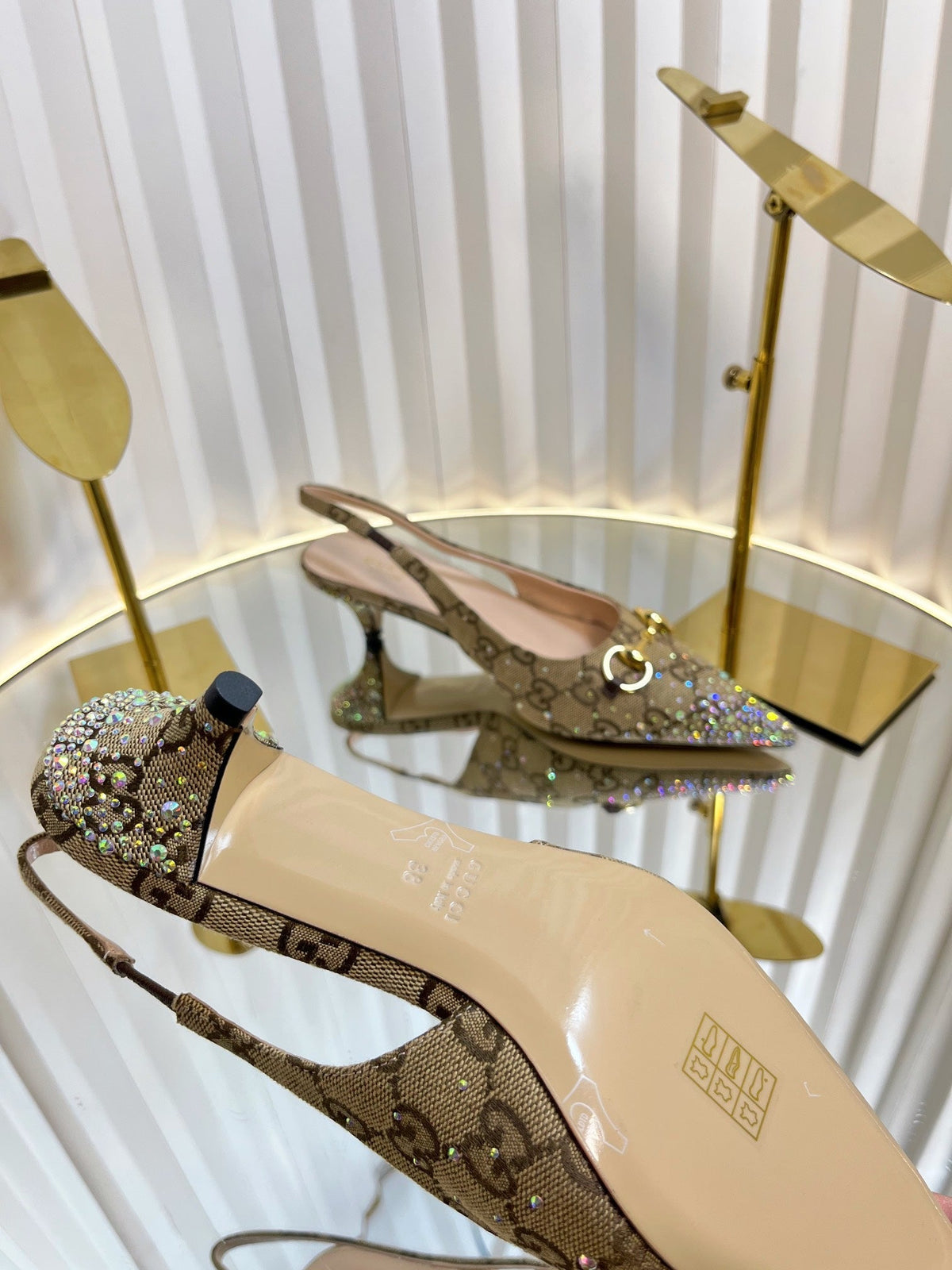 GC Crystal Horsebit Slingback 50mm Beige mix Ebony Canvas lambskin 294617