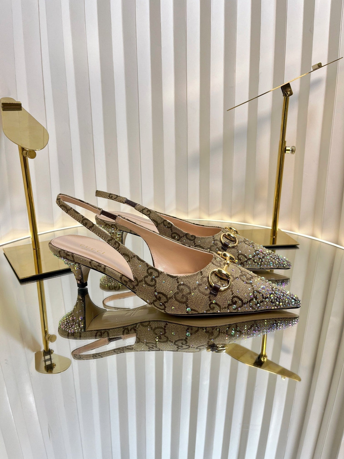 GC Crystal Horsebit Slingback 50mm Beige mix Ebony Canvas lambskin 294617