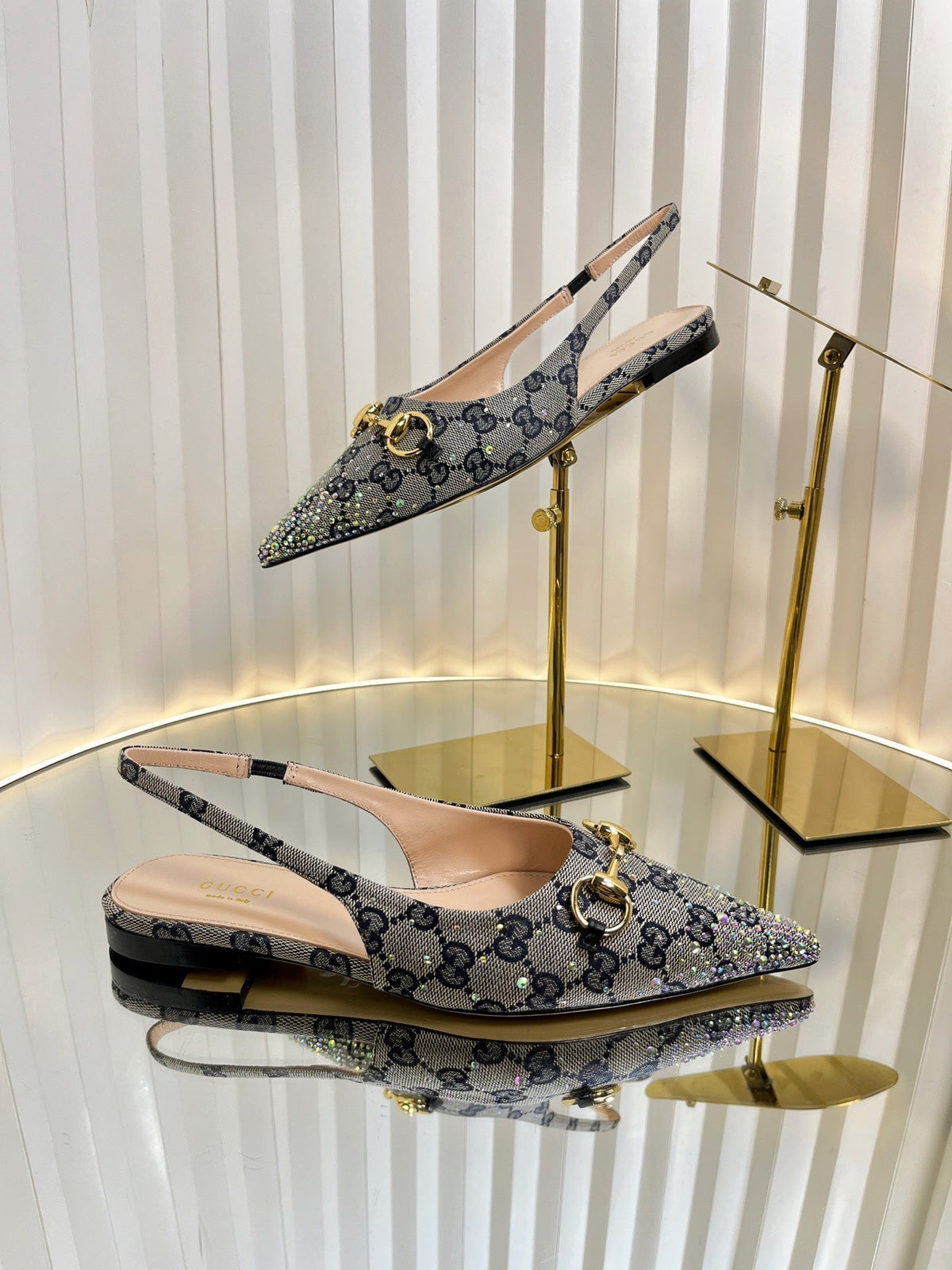 GC Crystal Horsebit Slingback 10mm Beige mix Blue Canvas lambskin 294613