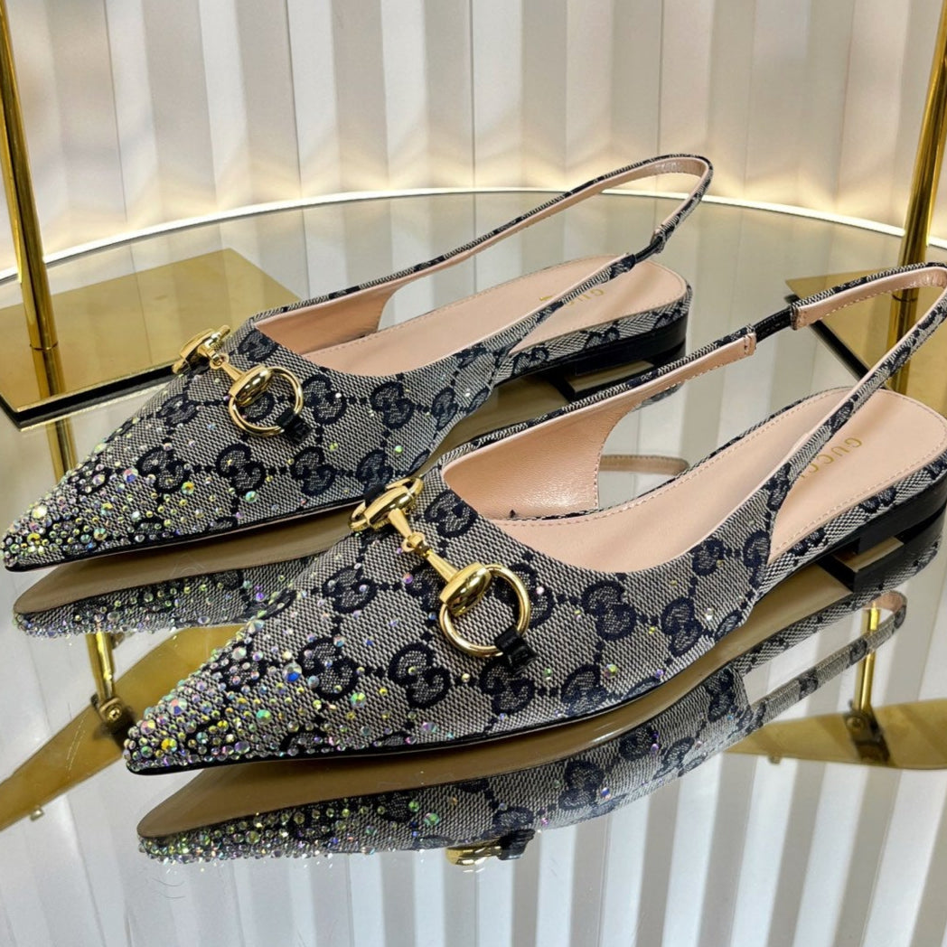 GC Crystal Horsebit Slingback 10mm Beige mix Blue Canvas lambskin 294613