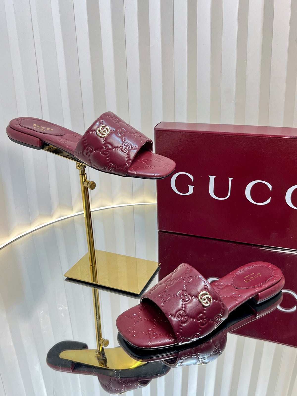 GC Double G Slide Sandals Rosso Ancora Red Embossed Leather 294634