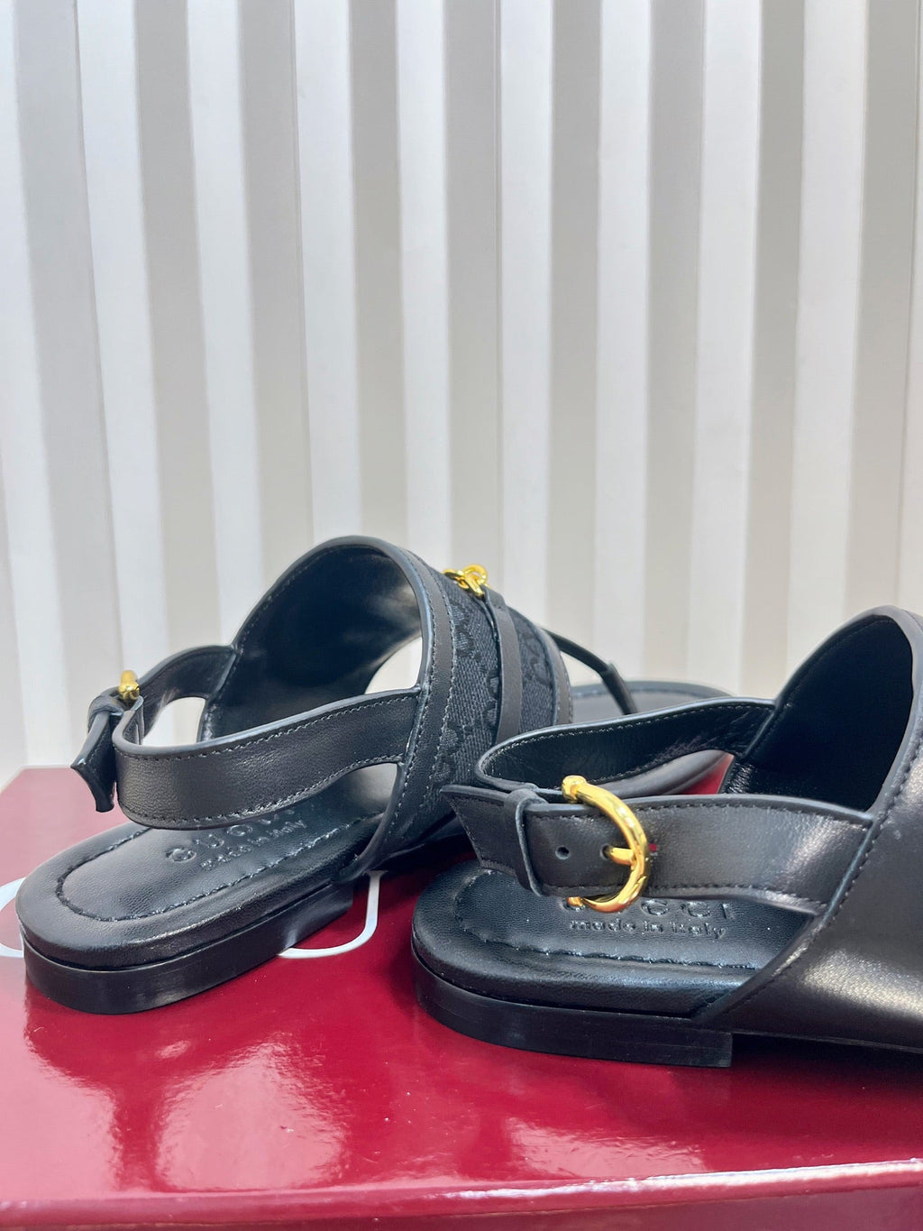 GC Horsebit Thong Sandals Black Canvas Sheepskin 294539