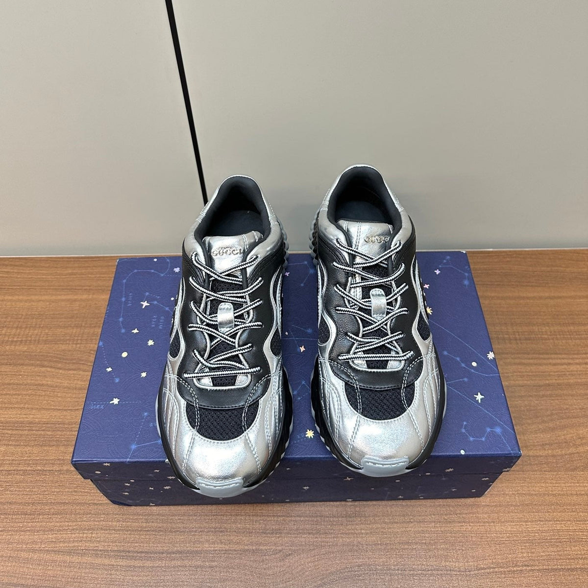 GG Ripple Leather Sneakers Black Silver