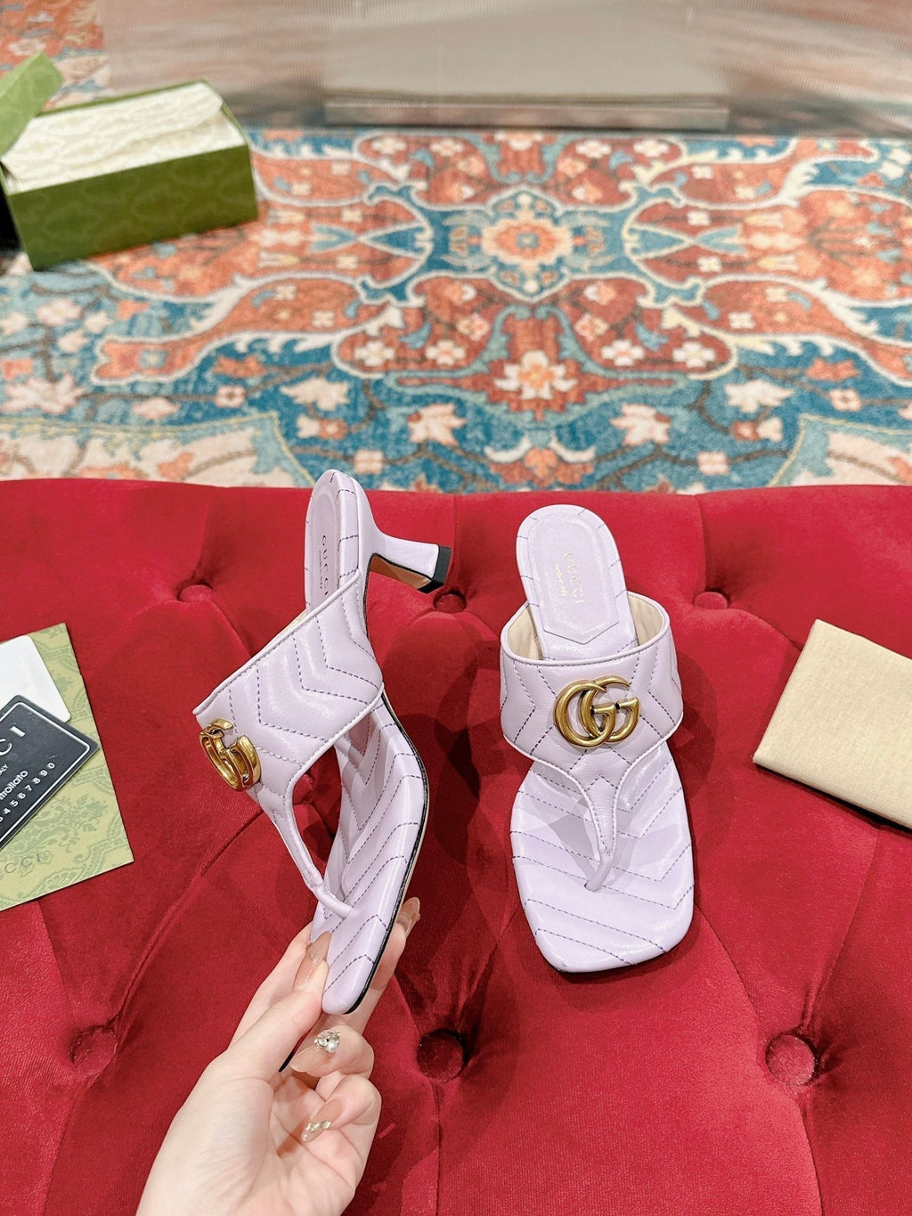 HIGH THONG MULE 55MM IN LIGHT PINK CALFSKIN WITH GOLD HARDWARE