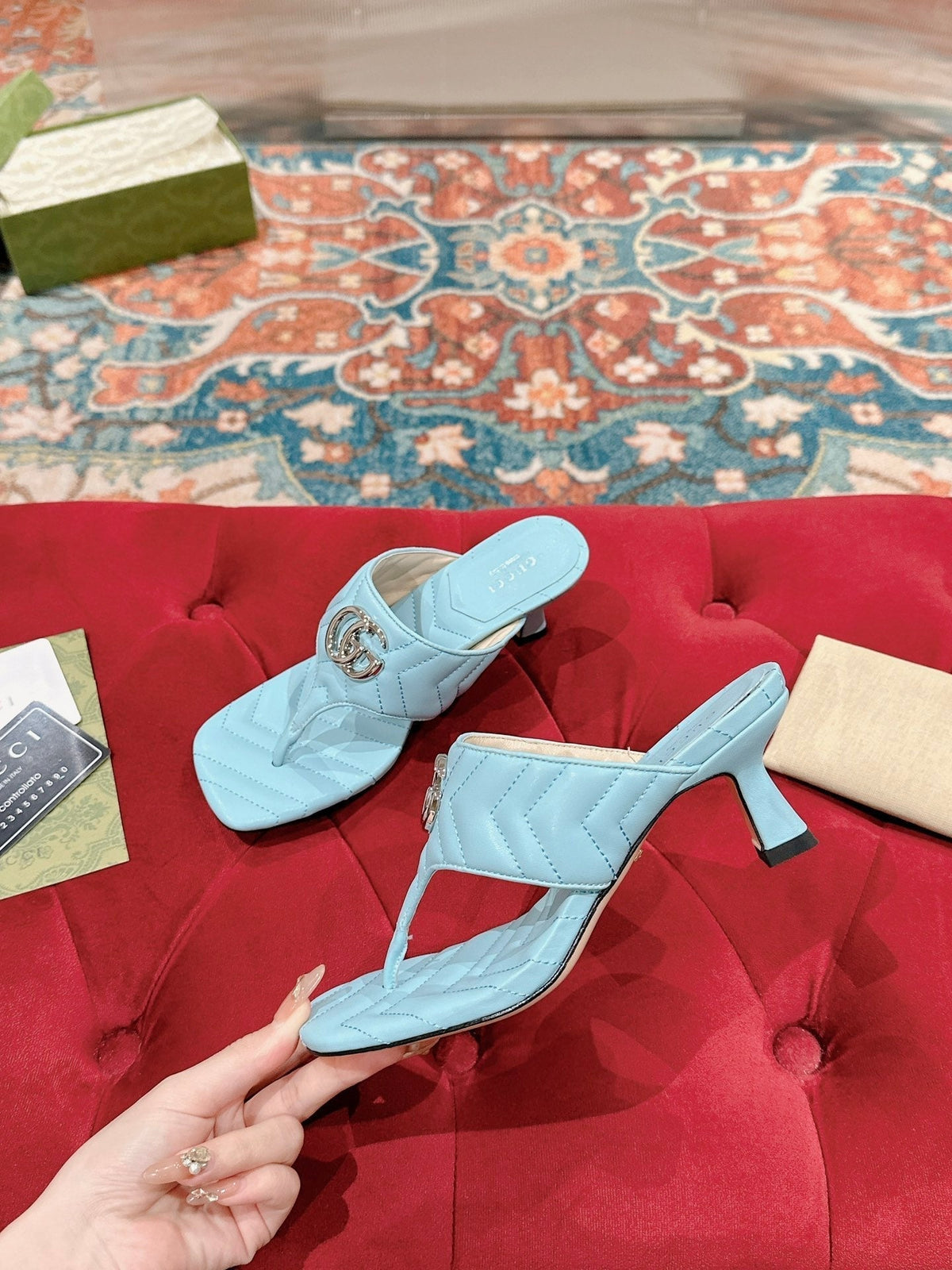 HIGH THONG MULE 55MM IN SKY BLUE CALFSKIN WITH GOLD HARDWARE