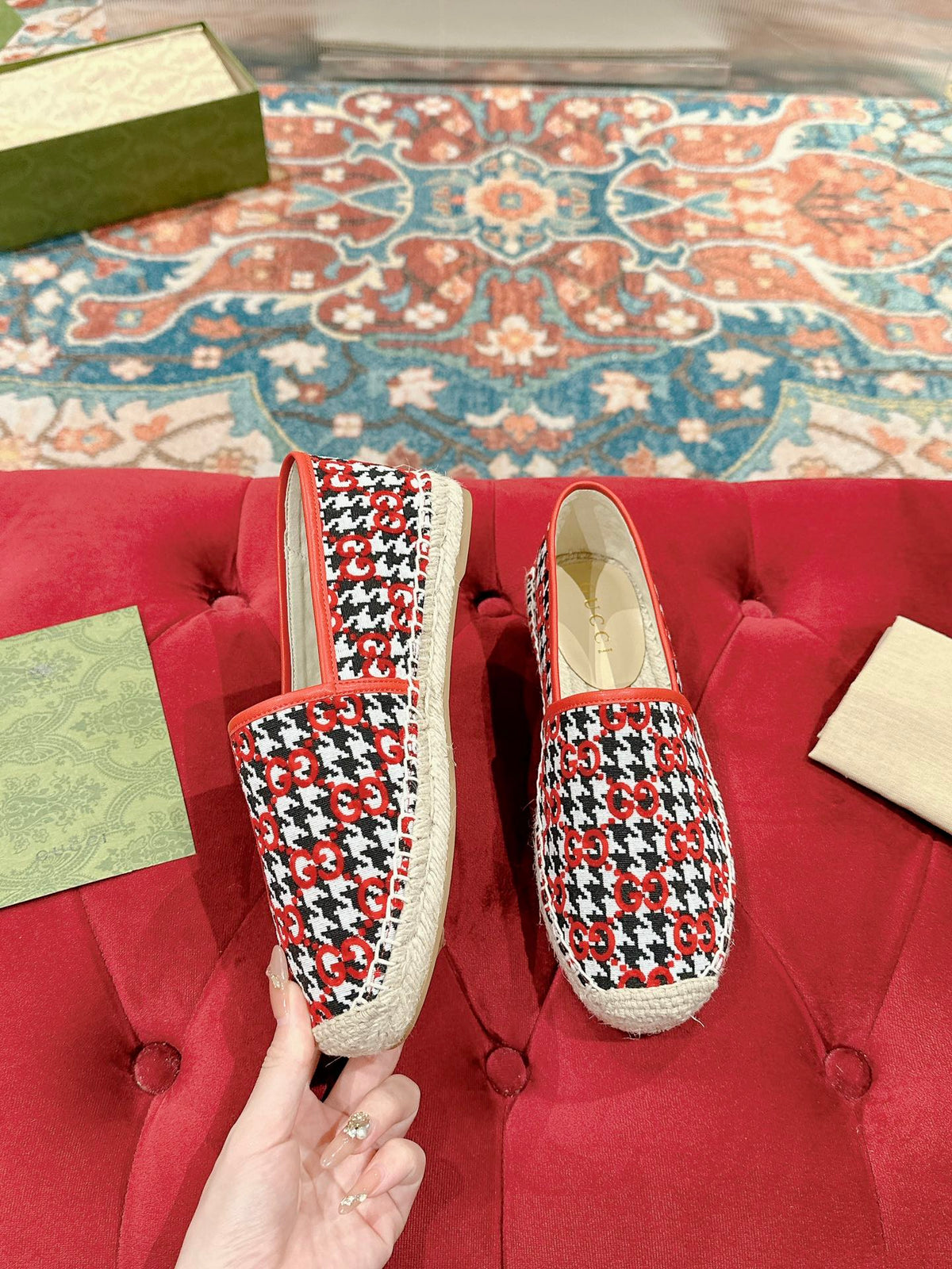 GG ESPADRILLE LOAFER CRIMSON AND BLACK CANVAS