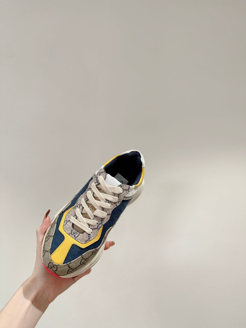 GG RHYTON TRAINER LIGHT BROWN AND LEMON CALFSKIN