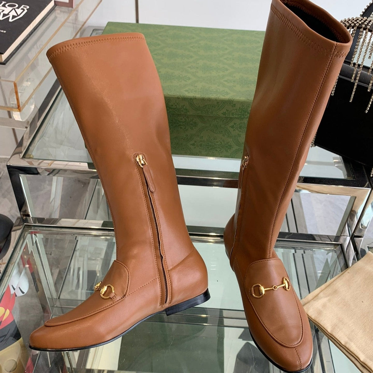 GG KNEE HIGH BOOTS WITH HORSEBIT IN CHOCOLATE BROWN CALFSKIN